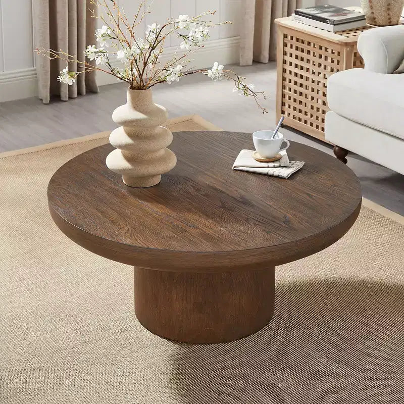 Table basse ronde Okak 36L pour salon, plateau en placage bois, table d'appoint pour canapé avec pied cylindrique pour petit espace bureau à domicile