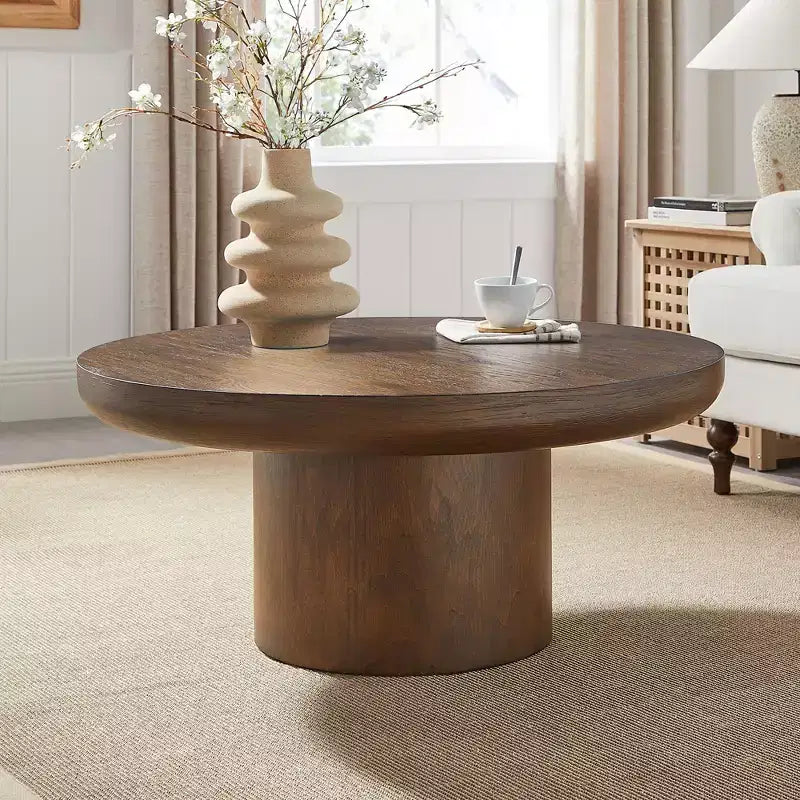 Table basse ronde Okak 36L pour salon, plateau en placage bois, table d'appoint pour canapé avec pied cylindrique pour petit espace bureau à domicile