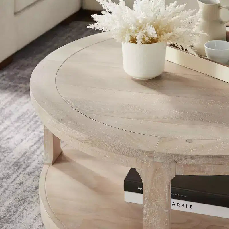 Table basse ronde Okak 36L pour salon, plateau en placage bois, table d'appoint pour canapé avec pied cylindrique pour petit espace bureau à domicile