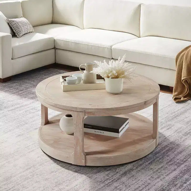 Table basse ronde Okak 36L pour salon, plateau en placage bois, table d'appoint pour canapé avec pied cylindrique pour petit espace bureau à domicile