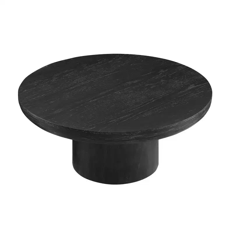 Table basse ronde Okak 36L pour salon, plateau en placage bois, table d'appoint pour canapé avec pied cylindrique pour petit espace bureau à domicile
