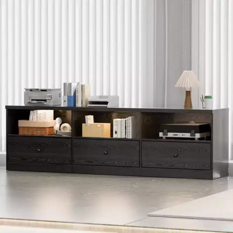 Meuble TV noir GustoWave pour téléviseurs jusqu'à 80 pouces, meuble console multimédia moderne avec 3 tiroirs et 3 étagères ouvertes pour salon et chambre à coucher