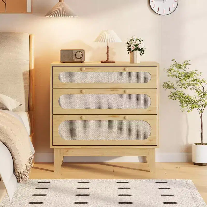 Rattan Nightstand with Drawers, Modern Large Bedside Table Night Stand for Bedroom