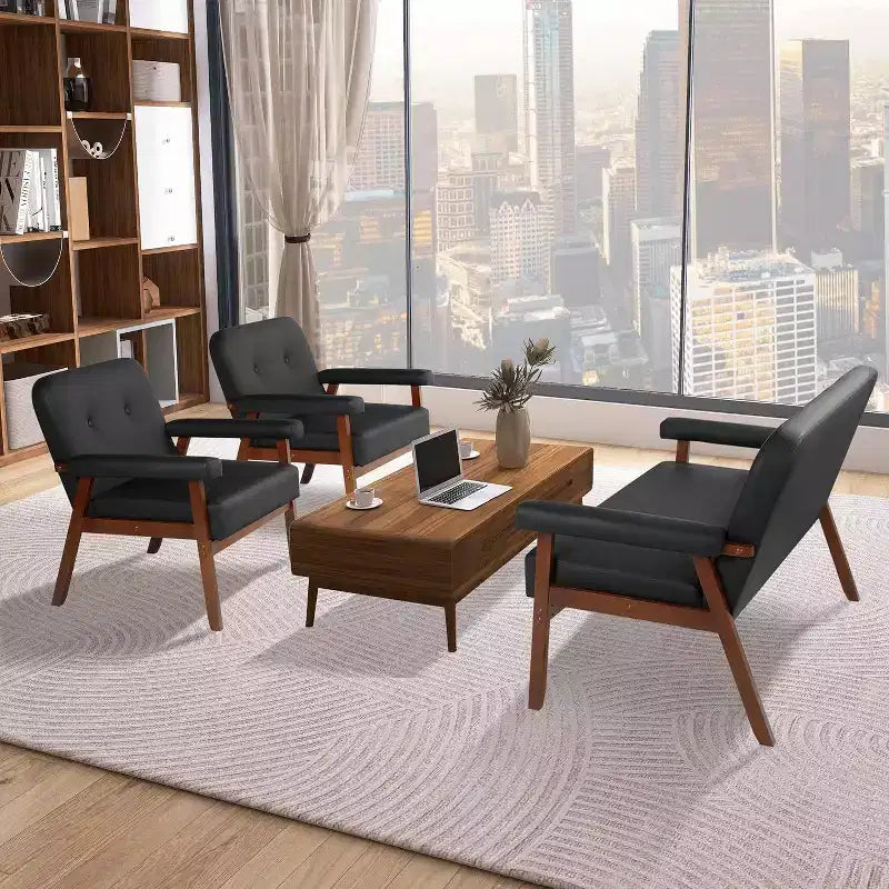 TYBOATLE Fauteuil en similicuir noir avec cadre en bois, fauteuils de salon rembourrés confortables pour la lecture dans les petits espaces