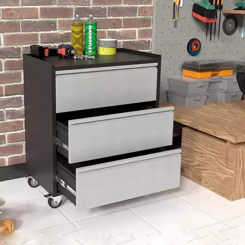 Chariot à outils en métal robuste Acekool avec 3 tiroirs, armoire de rangement à roulettes pour garage, atelier, entrepôt, gris