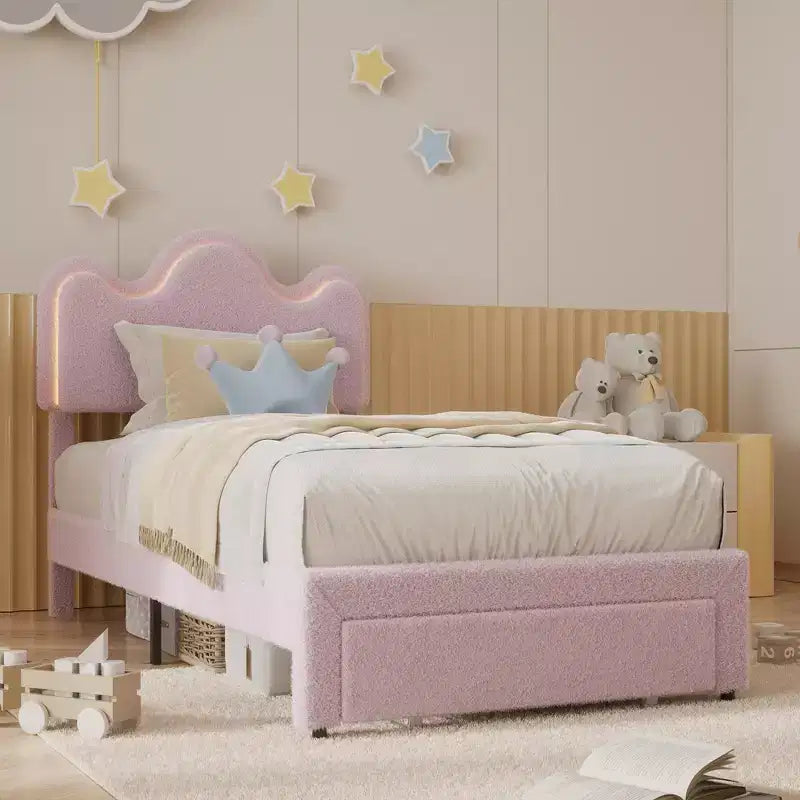 Cadre de lit avec tête de lit capitonnée réglable pour filles, cadre de lit plateforme en bouclette avec tiroirs de rangement, cadre de lit de princesse pour enfants