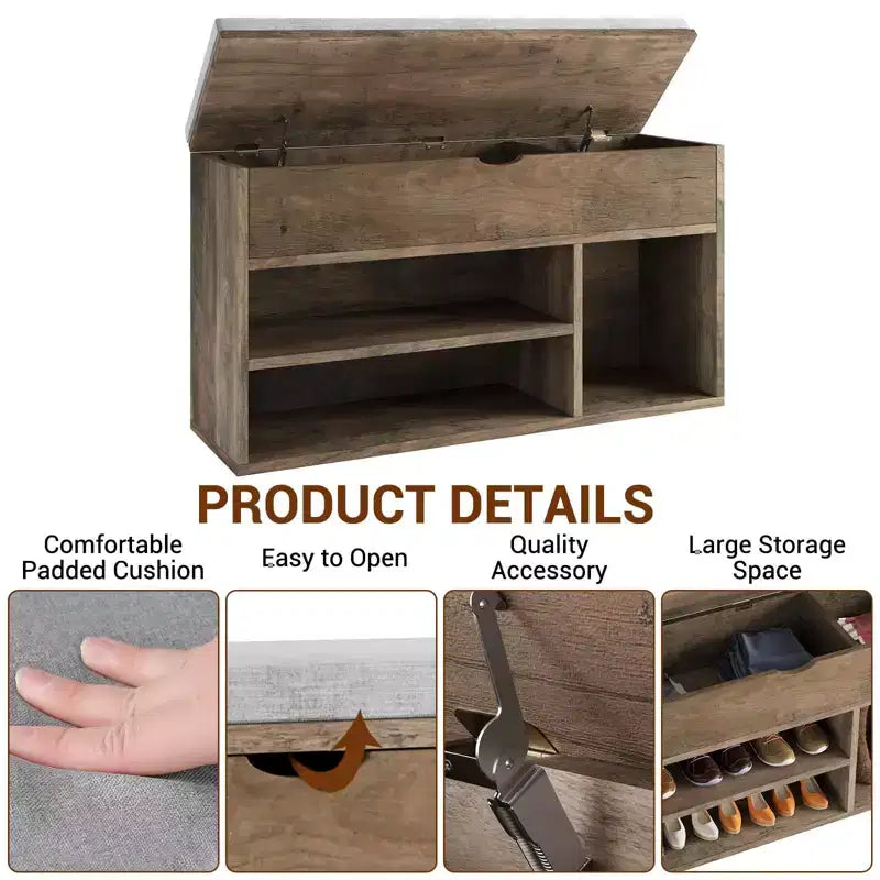Banc à chaussures avec coussin, banc d'entrée avec étagère réglable, banc à chaussures de rangement dissimulé, étagère à chaussures en bois, pour entrée, couloir