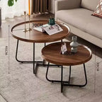 Tables basses rondes, lot de 2, tables de salon en bois avec cadre en métal, tables d'appoint pour salon