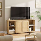 Meuble TV 70" mi-siècle moderne avec portes en rotin - Meuble de divertissement pour téléviseur 70 pouces, 2 placards de rangement et 3 étagères ouvertes