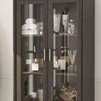 Meuble de Rangement Haut de Salle de Bain Famapy, Unité de Rangement Autonome avec Portes en Verre, Conception Anti-basculement, pour Petits Espaces, Foncé