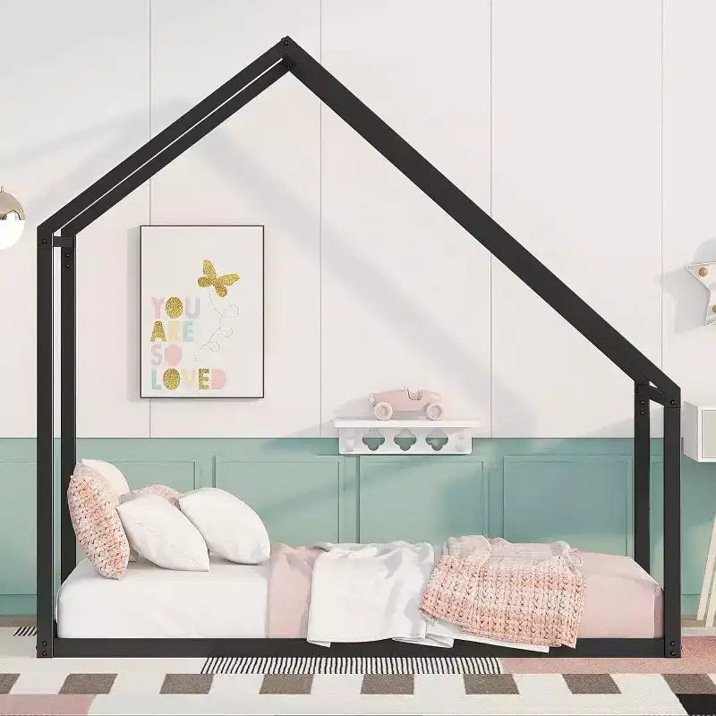 Lit Cabane Enfant Acekool - Cadre Métallique Simple avec Toit