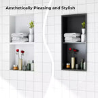 Niche de douche en acier inoxydable au design rectangulaire encastré, installation sans carrelage requise, rangement mural pour salle de bain