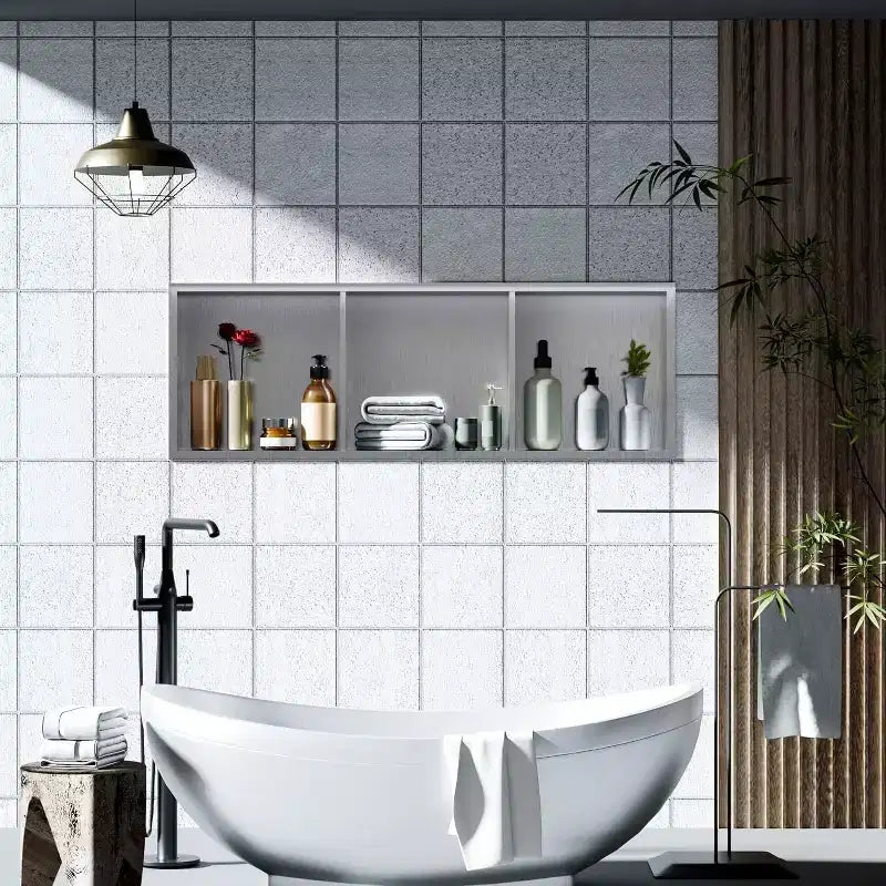 Niche de douche en acier inoxydable au design rectangulaire encastré, installation sans carrelage requise, rangement mural pour salle de bain
