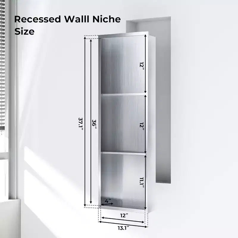 Niche de douche en acier inoxydable au design rectangulaire encastré, installation sans carrelage requise, rangement mural pour salle de bain