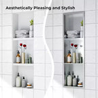 Niche de douche en acier inoxydable au design rectangulaire encastré, installation sans carrelage requise, rangement mural pour salle de bain