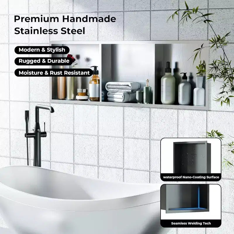 Niche de douche en acier inoxydable au design rectangulaire encastré, installation sans carrelage requise, rangement mural pour salle de bain