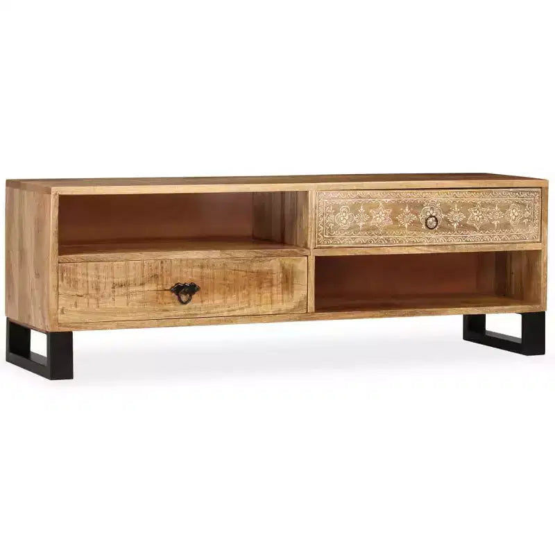 vidaXL Meuble TV en bois de manguier massif - Fabriqué à la main avec pieds en acier et style rétro peint à la main - Comprend 2 étagères et 2 tiroirs - Marron