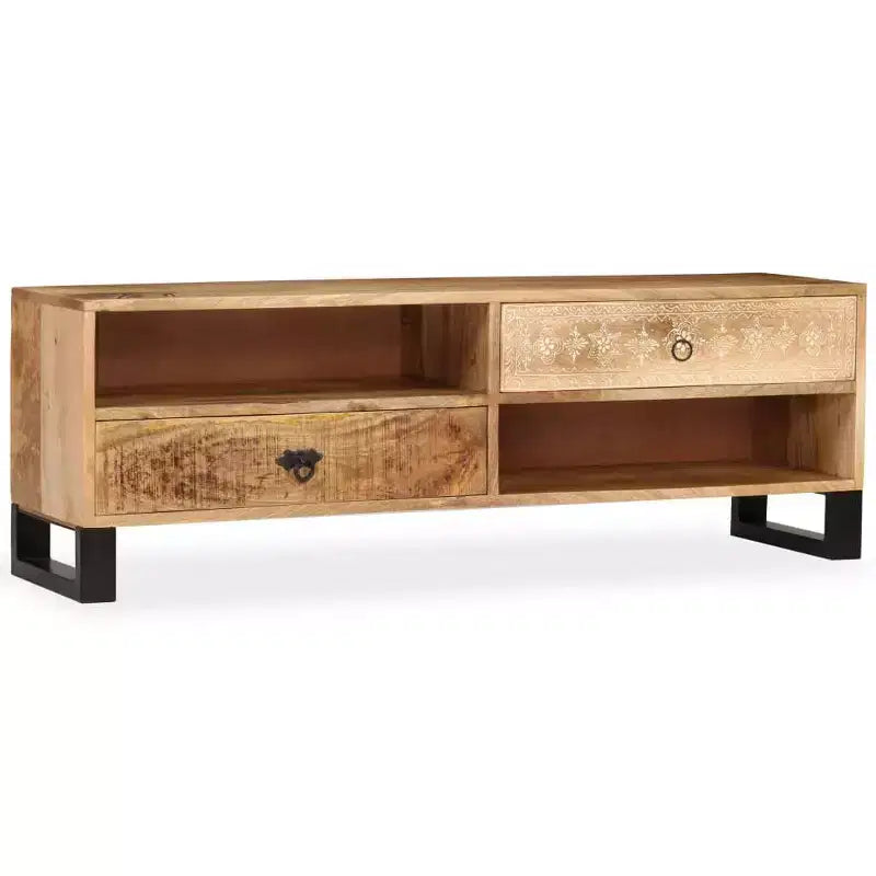 vidaXL Meuble TV en bois de manguier massif - Fabriqué à la main avec pieds en acier et style rétro peint à la main - Comprend 2 étagères et 2 tiroirs - Marron