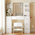 Coiffeuse avec miroir, lumières LED, prise de courant et tabouret, meuble de maquillage avec 7 tiroirs et 6 étagères de rangement, 3 modes de couleur, table de toilette