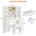Coiffeuse avec miroir, lumières LED, prise de courant et tabouret, meuble de maquillage avec 7 tiroirs et 6 étagères de rangement, 3 modes de couleur, table de toilette