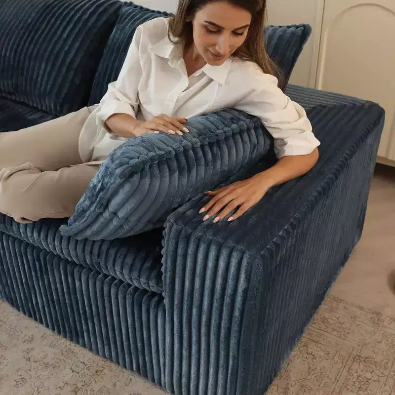 Canapé Blue Cloud de 78,8 pouces avec ottoman, canapés à assise profonde en velours côtelé, design double couche, coussin amovible, aucun assemblage requis