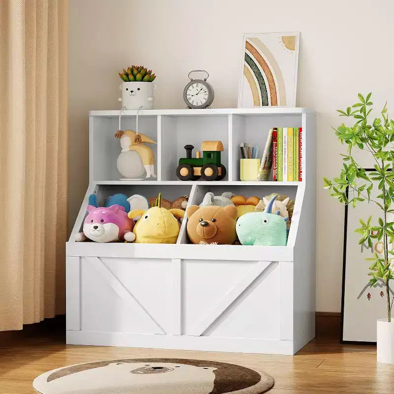 Étagère à livres et meuble de rangement pour jouets Acekool pour enfants, armoire de rangement avec 3 étagères, 2 boîtes de rangement, pour salle de jeux, chambre d'enfant, crèche, blanc vintage
