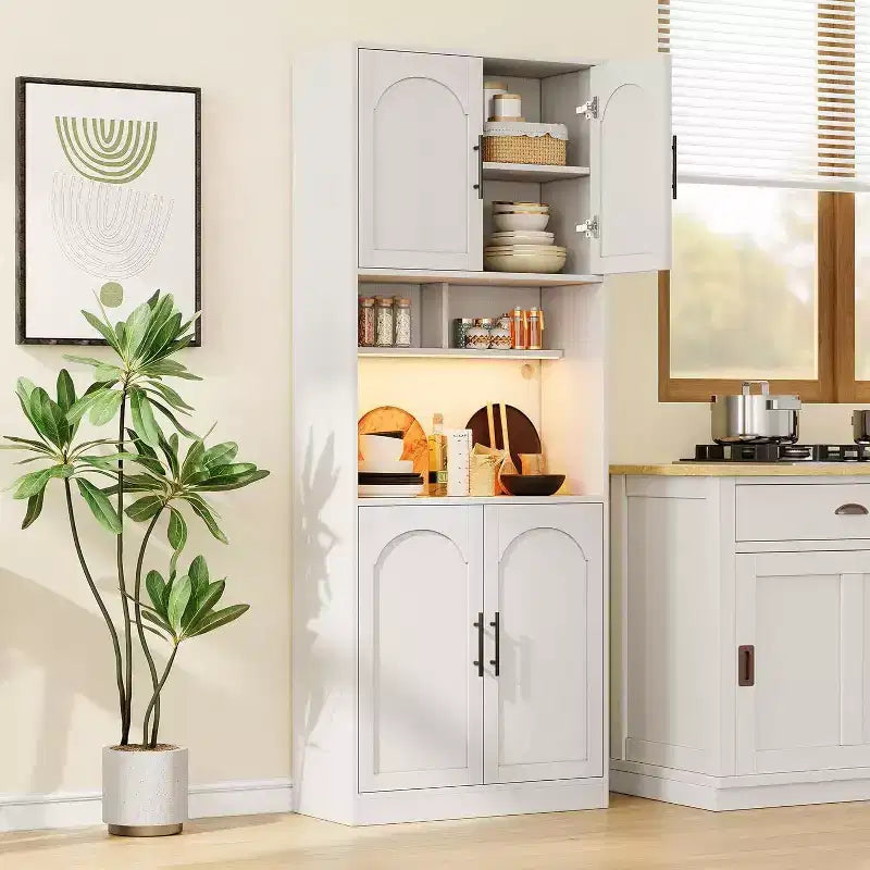 Kitchen Pantry Cabinet with RGB Lighting, Farmhouse Wood Hutch with Barn Doors, Microwave Stand, Two Open Shelves, Large Storage Cupboard