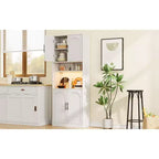 Garde-manger de cuisine avec éclairage RVB, Vaisselier en bois de style rustique avec portes coulissantes, Meuble micro-ondes, Deux étagères ouvertes, Grand placard de rangement