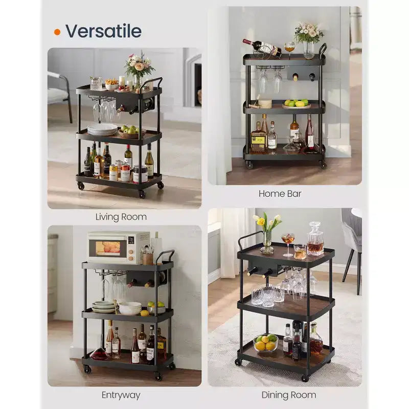 SONGMICS HOME Chariot de bar à 3 niveaux avec casier à vin et porte-verres - Chariot de service mobile, roulettes pivotantes avec freins