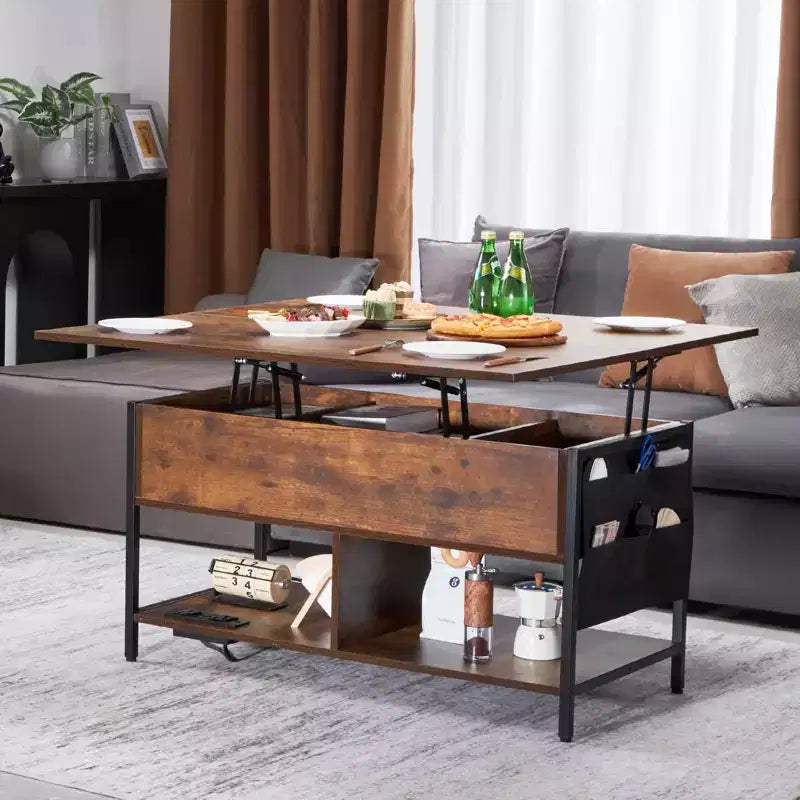 Table basse relevable VEVOR, table basse rectangulaire de 100 cm, table basse relevable avec multiprise, port USB et éclairage d'ambiance pour salon, marron