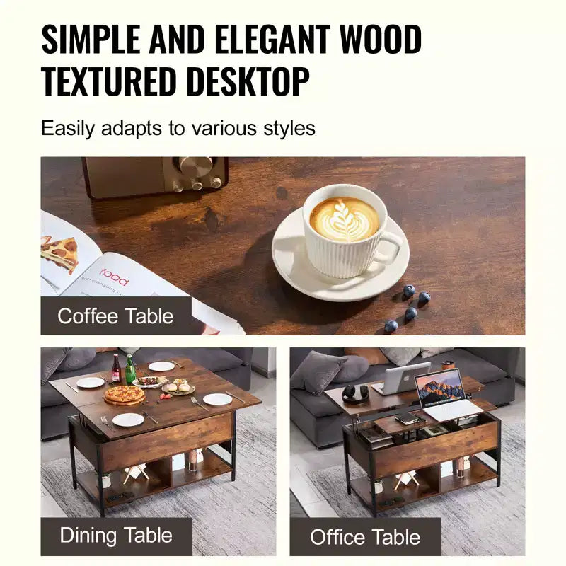 Table basse relevable VEVOR, table basse rectangulaire de 100 cm, table basse relevable avec multiprise, port USB et éclairage d'ambiance pour salon, marron