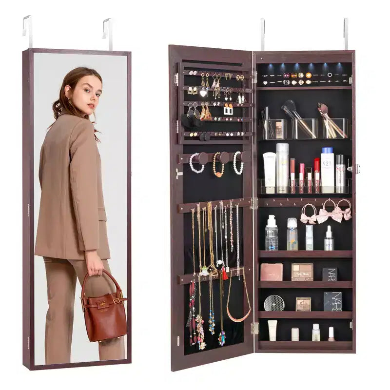 VEVOR Mirror Jewelry Cabinet, 42.52-Inch Tall Lockable Jewelry Cabinet Armoire with Full-Length Mirror, Wall or Door Mounted Jewelry Mirror, Brown