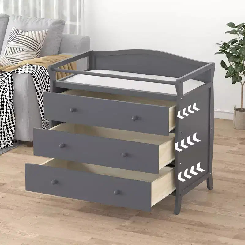 Table à langer à 3 tiroirs, table à langer en bois, commode à langer pour bébé avec 3 tiroirs, barrière de sécurité et sangle pour chambre à coucher, chambre de bébé