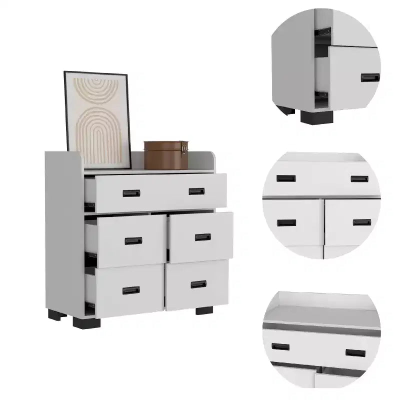 Commode de chambre moderne Okak avec 1 double tiroir et 4 tiroirs simples, grand meuble de rangement pour salon, couloir, entrée