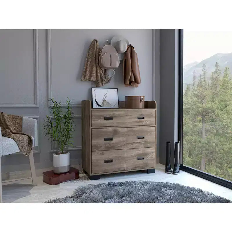Commode de chambre moderne Okak avec 1 double tiroir et 4 tiroirs simples, grand meuble de rangement pour salon, couloir, entrée