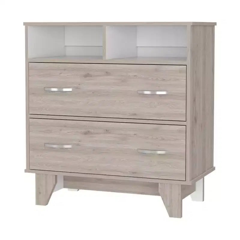 Commode de chambre élégante Okak avec 2 tiroirs et 2 étagères, grand placard de rangement pour salon, couloir, entrée