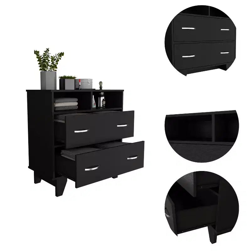 Commode de chambre élégante Okak avec 2 tiroirs et 2 étagères, grand placard de rangement pour salon, couloir, entrée