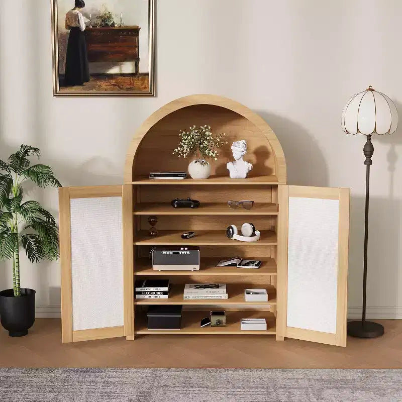 Buffet de rangement autoportant moderne arqué de 119 cm avec portes en rotin, pour salon, salle à manger, cuisine, naturel