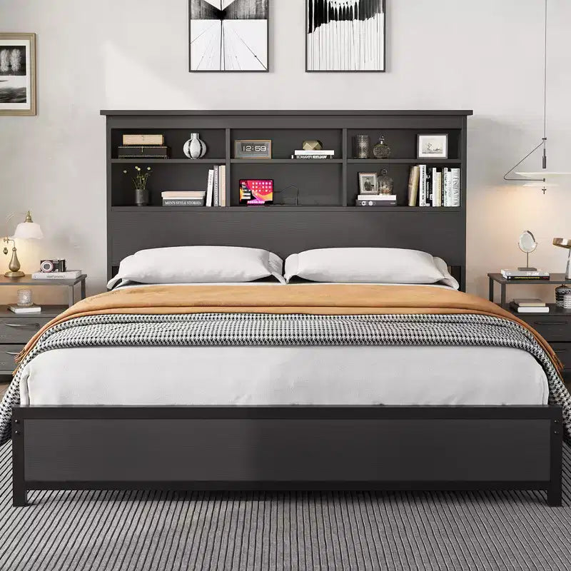 King Size Bed Frame with Bookcase Headboard, King Platform Bed with 2-tier Storage & Charging Station, No Box Spring Needed Easy AssembleBlack