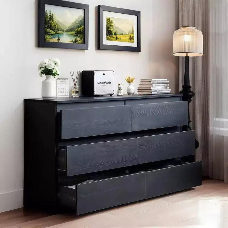 MAYEERTY Commode noire à 6 tiroirs, moderne, avec plateau spacieux, poignées dissimulées, 6 tiroirs profonds pour salon et entrée