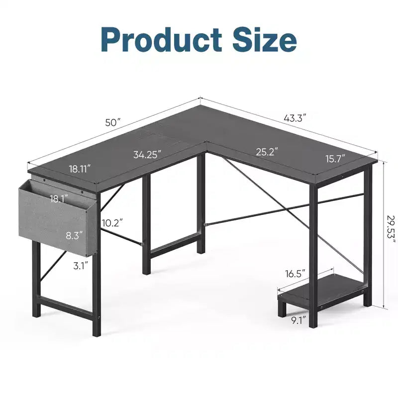 Bureau d'ordinateur en forme de L avec étagère de rangement pour unité centrale et sac latéral, table d'angle de jeu/bureau/écriture de 50 pouces avec cadre métallique - 50,00 x 43,30 x 29,50 (Noir)
