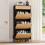 Natural Rattan 3 Flip Door with 1 Drawer Shoe Rack Storage Cabinet, Shoe Cabinet Organizer Freestanding with 3-Tier Adjustable Shelves for Entryway