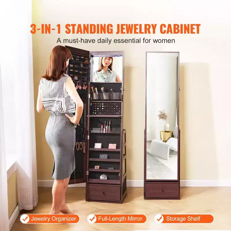 Meuble à bijoux VEVOR avec miroir, miroir pivotant à 360° avec rangement, organisateur de bijoux verrouillable avec miroir pleine longueur, marron