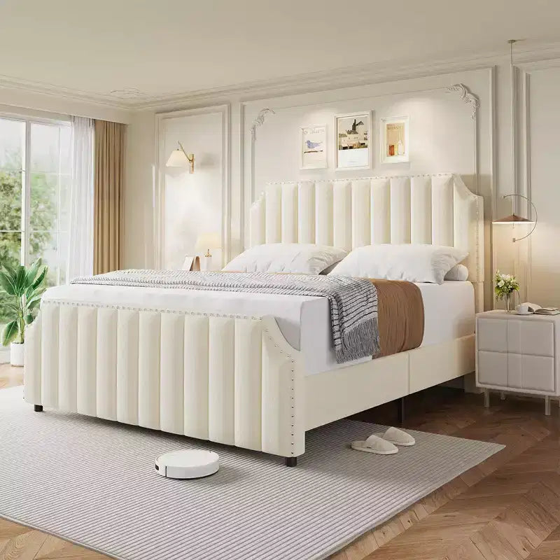 Queen Size Upholstered Bed Frame, Vertical Lines Platform Bed with Velvet Headboard and Footboard, Metal Mattress Foundation