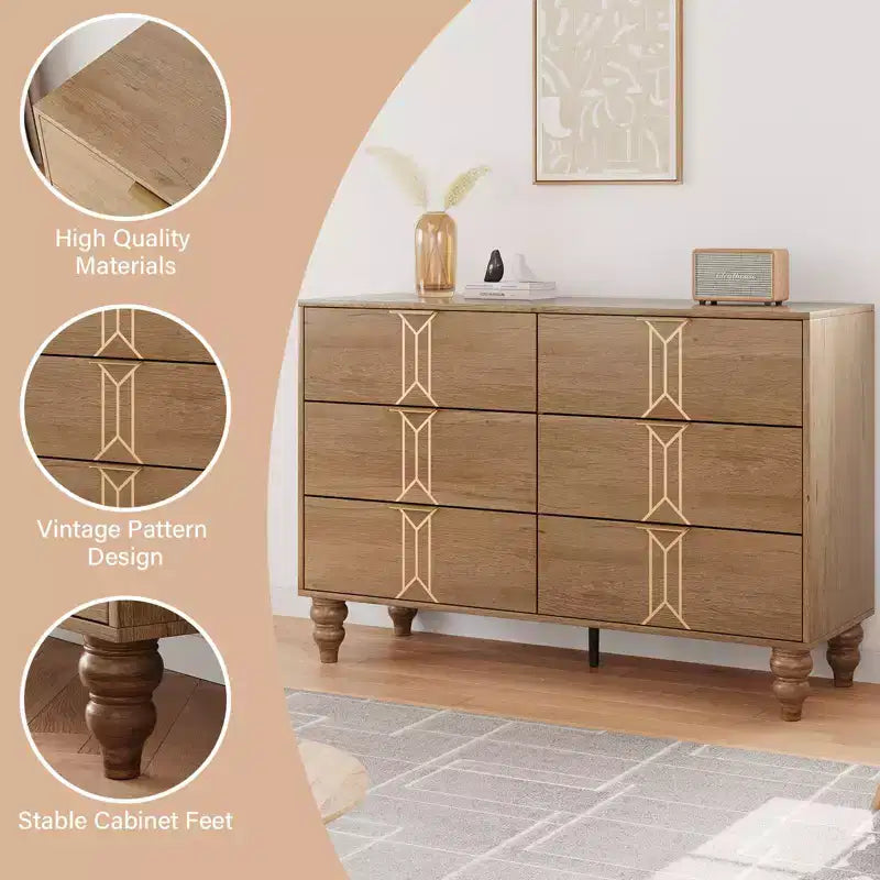 Commode à 6 tiroirs pour chambre à coucher, commode en bois moderne avec tiroirs profonds, commode pour salon, couloir, entrée