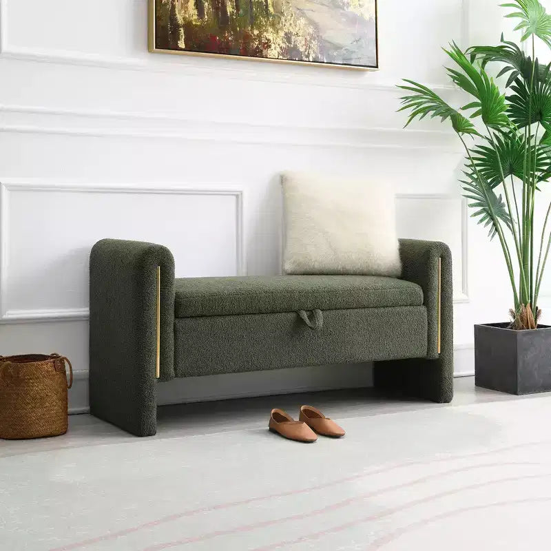Banc de bout de lit moderne TUYOHW avec accoudoirs et rangement, grand repose-pieds rembourré, banc de fenêtre confortable pour le salon, vert olive