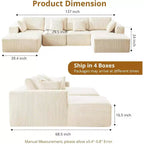Acekool 137 Canapé d'angle en velours côtelé en forme de U, sans assemblage, avec méridienne convertible et assise profonde pour salons (Blanc)