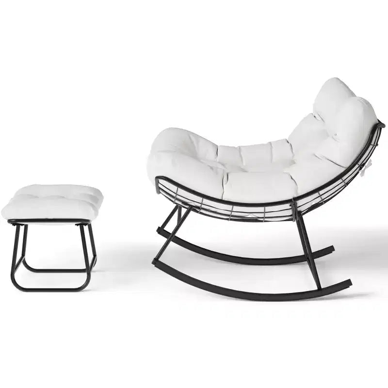 Chaise berçante d'extérieur TROPOW Papasan avec ottoman, grand fauteuil œuf en osier pour patio avec coussin épais et moelleux, fauteuil à bascule de salon, fauteuils de lecture confortables