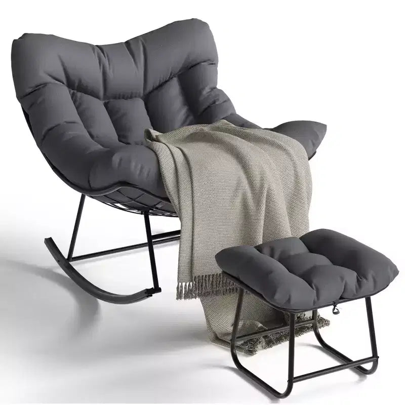 Chaise berçante d'extérieur TROPOW Papasan avec ottoman, grand fauteuil œuf en osier pour patio avec coussin épais et moelleux, fauteuil à bascule de salon, fauteuils de lecture confortables