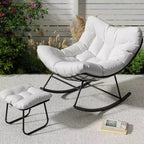 Chaise berçante d'extérieur TROPOW Papasan avec ottoman, grand fauteuil œuf en osier pour patio avec coussin épais et moelleux, fauteuil à bascule de salon, fauteuils de lecture confortables